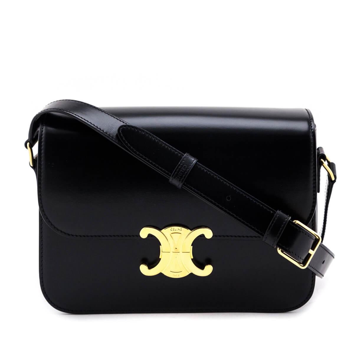 Black shiny-calfskin Celine Triomphe bag showing its polished finish.