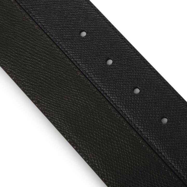Close view of the grain, stitching and adjustment holes on a black Ferragamo belt strap.