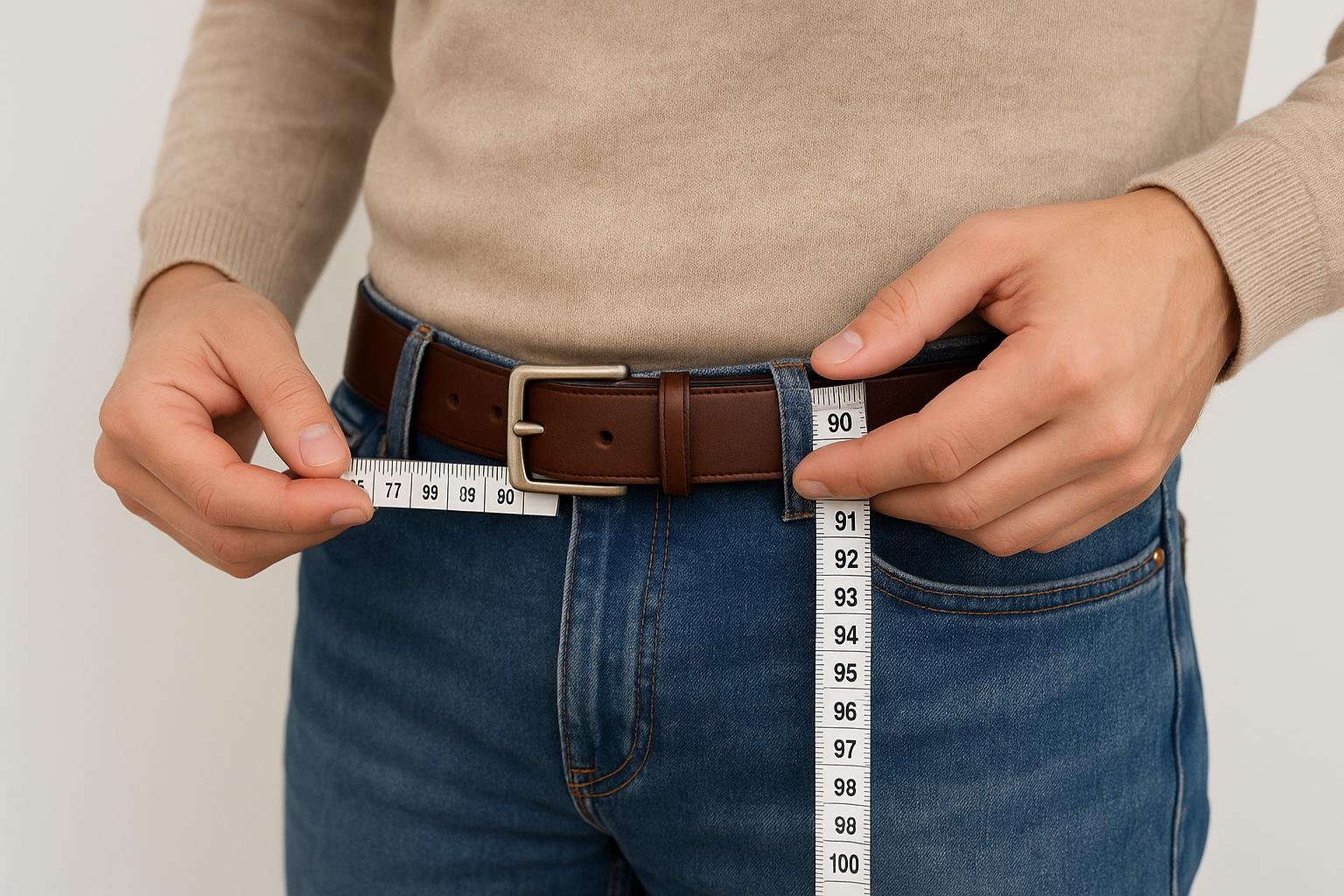 Man measuring his waist through the belt loops for accurate belt sizing.