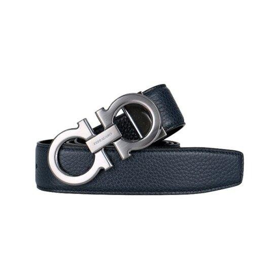 Navy Ferragamo Gancini belt displayed to show its medium width and buckle scale.
