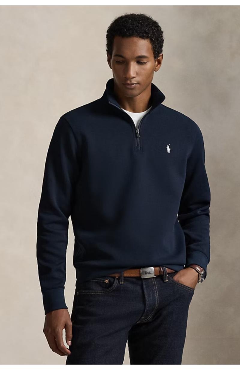 Navy Ralph Lauren quarter-zip sweater styled with classic menswear essentials.