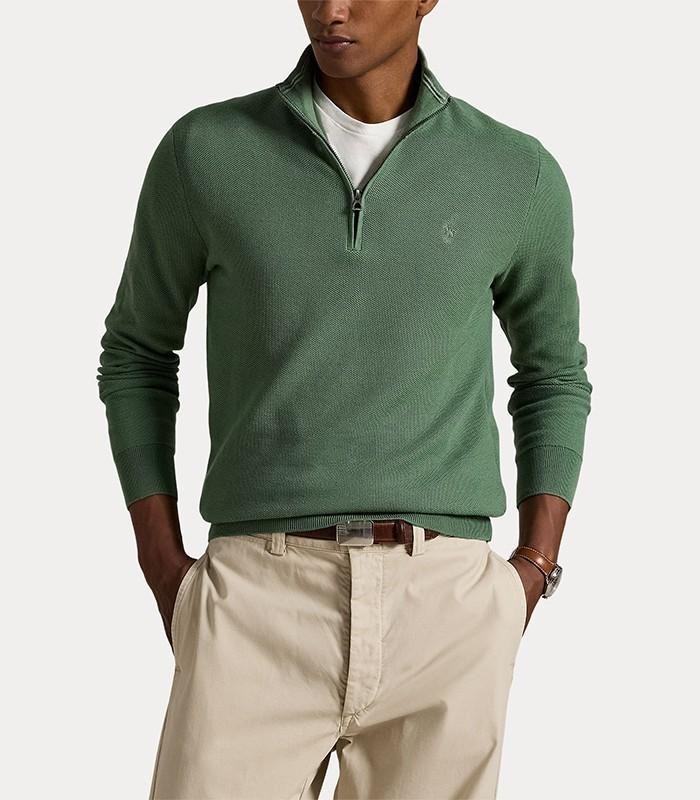 Close-up of the textured knit and embroidered Pony on a Ralph Lauren quarter-zip.