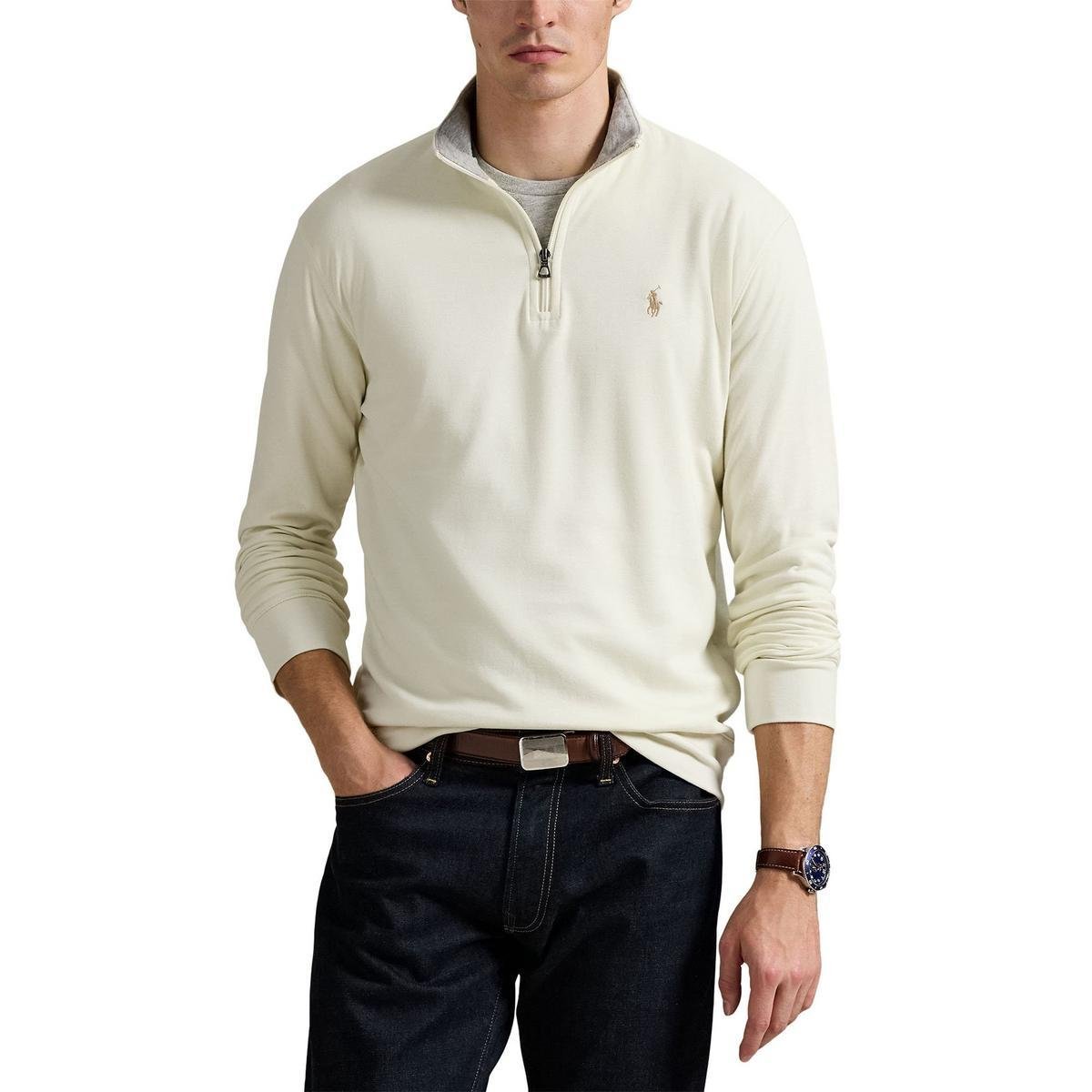 Model demonstrating the fit of a Polo Ralph Lauren quarter-zip.