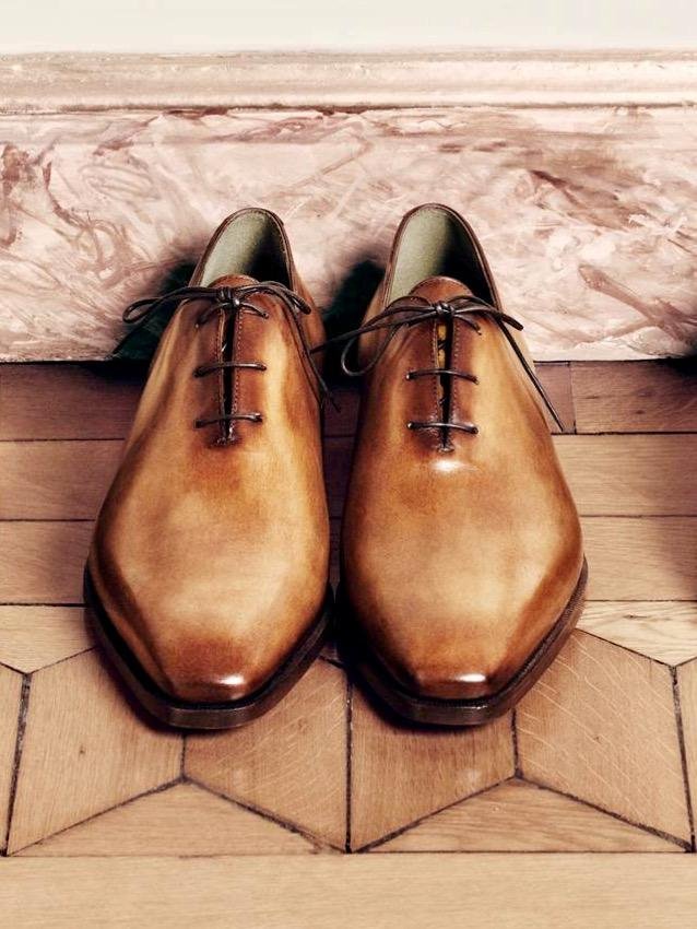 Pair of brown Berluti Oxford shoes showing tonal patina variation.