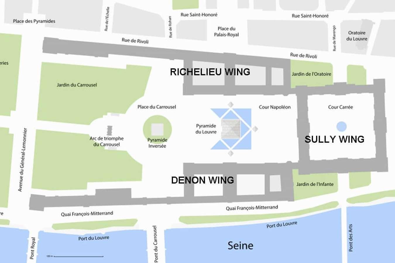 Louvre Museum map showing the Denon, Sully and Richelieu wings.
