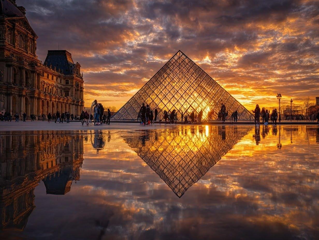 Louvre Pyramid reflected in the courtyard pools at sunset.