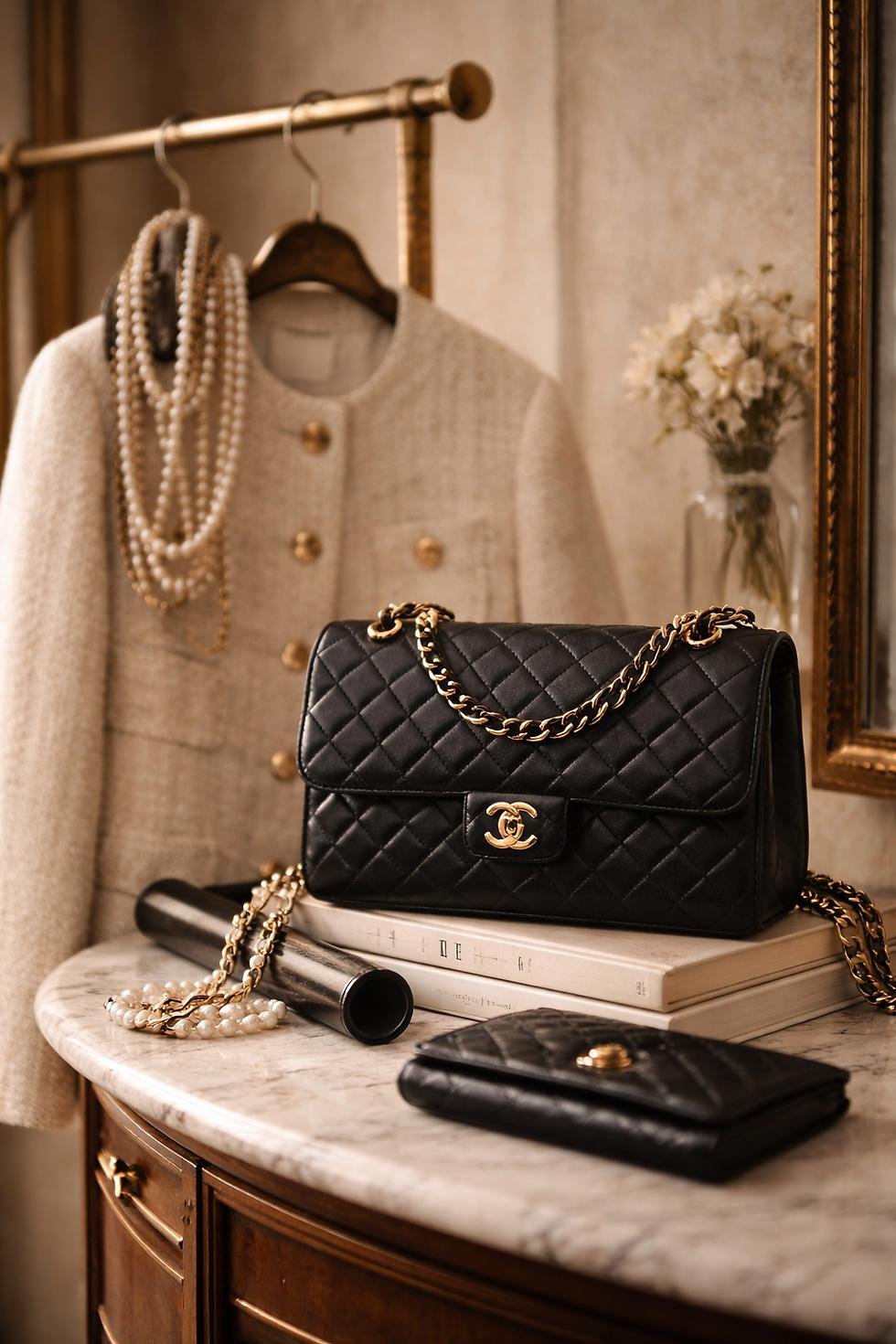 Black Chanel quilted handbag arranged with coordinating accessories.