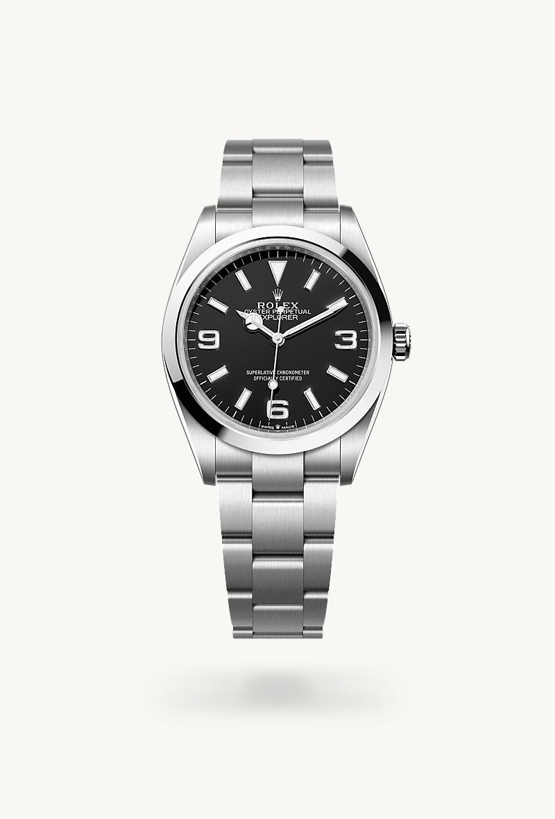 Steel Rolex watch with a black dial and Oyster bracelet.