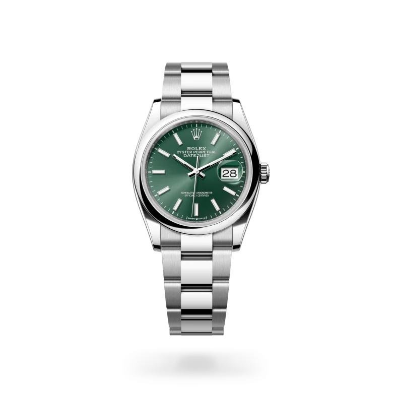 Steel Rolex watch with a green dial shown in a clean product view.