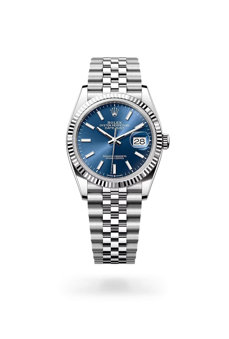 Rolex Datejust 36 with a blue dial, fluted bezel and Jubilee bracelet.