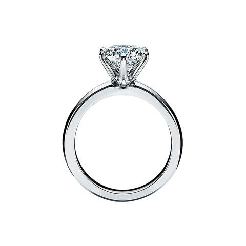 Side profile of a classic Tiffany six-prong solitaire engagement ring.