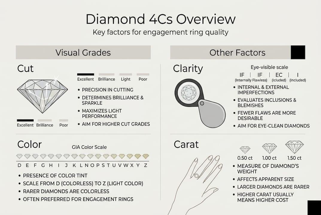 Diamond 4Cs guide covering cut, colour, clarity and carat weight.