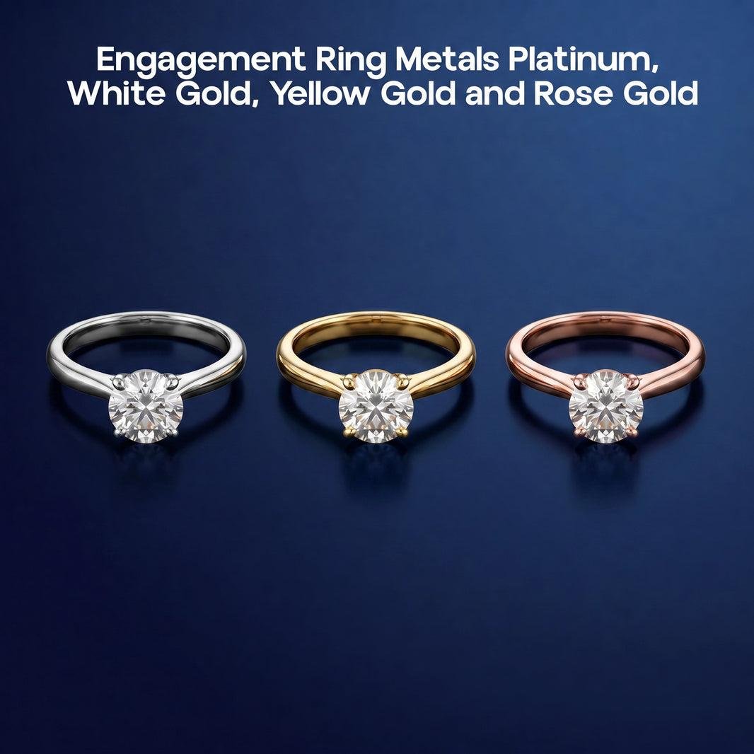 Diamond engagement rings shown in platinum, yellow gold and rose gold.