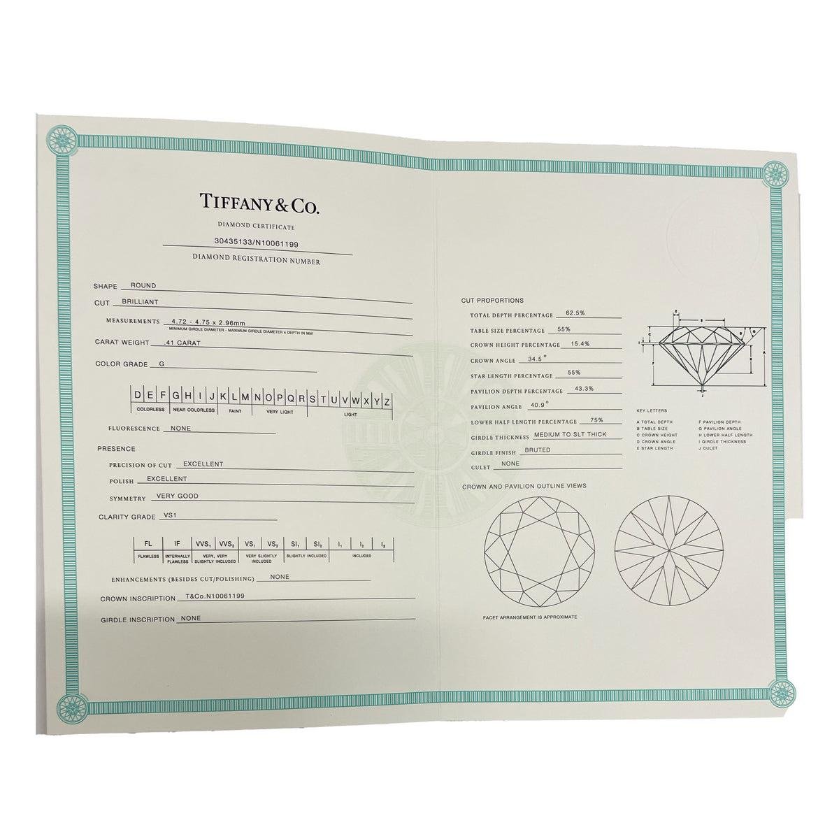 Tiffany diamond certificate documenting an engagement diamond.