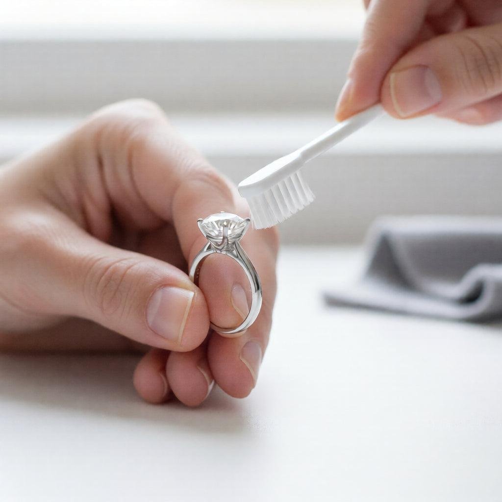 Diamond engagement ring being cleaned carefully with a soft brush.