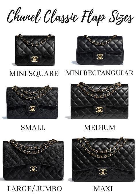 Chanel Classic Flap bags in mini, small, medium, jumbo and maxi sizes.