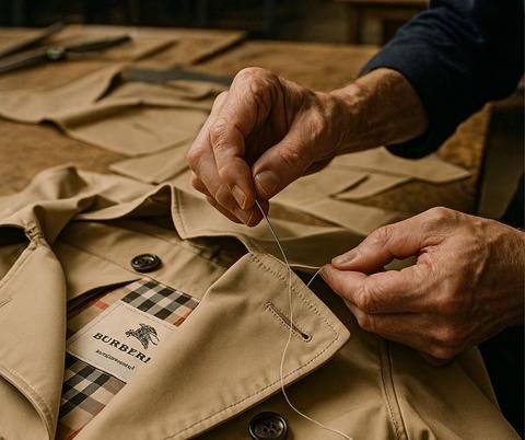 Craftsperson working on the construction of a Burberry trench coat.