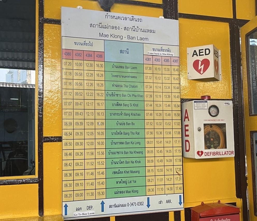 Train and platform at Maeklong Railway Station.