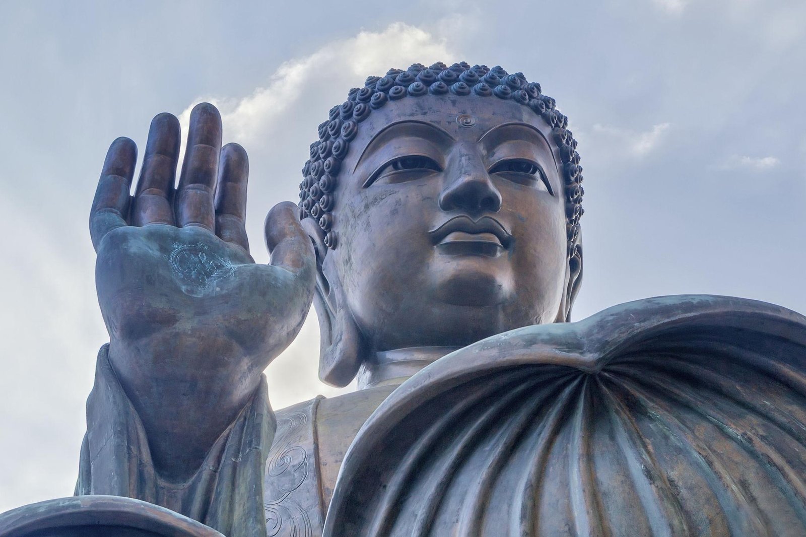 Close view of the bronze Tian Tan Buddha statue.