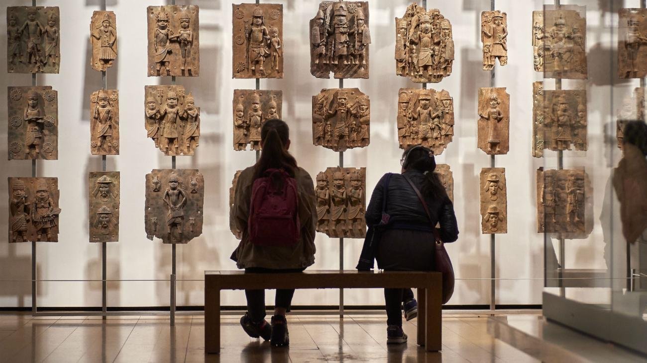 Benin bronze artworks displayed inside the British Museum