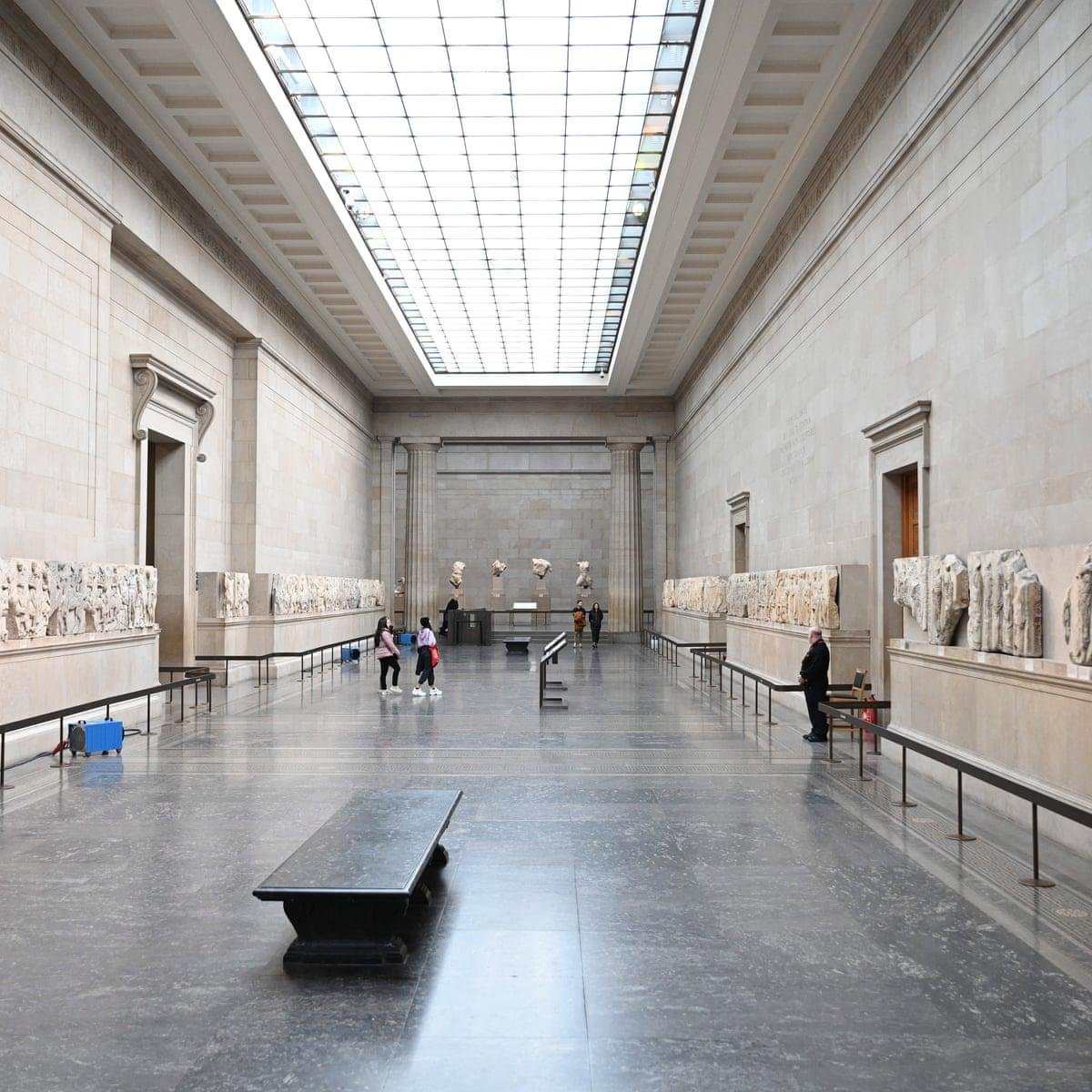 Ancient sculptures displayed in an elegant British Museum gallery