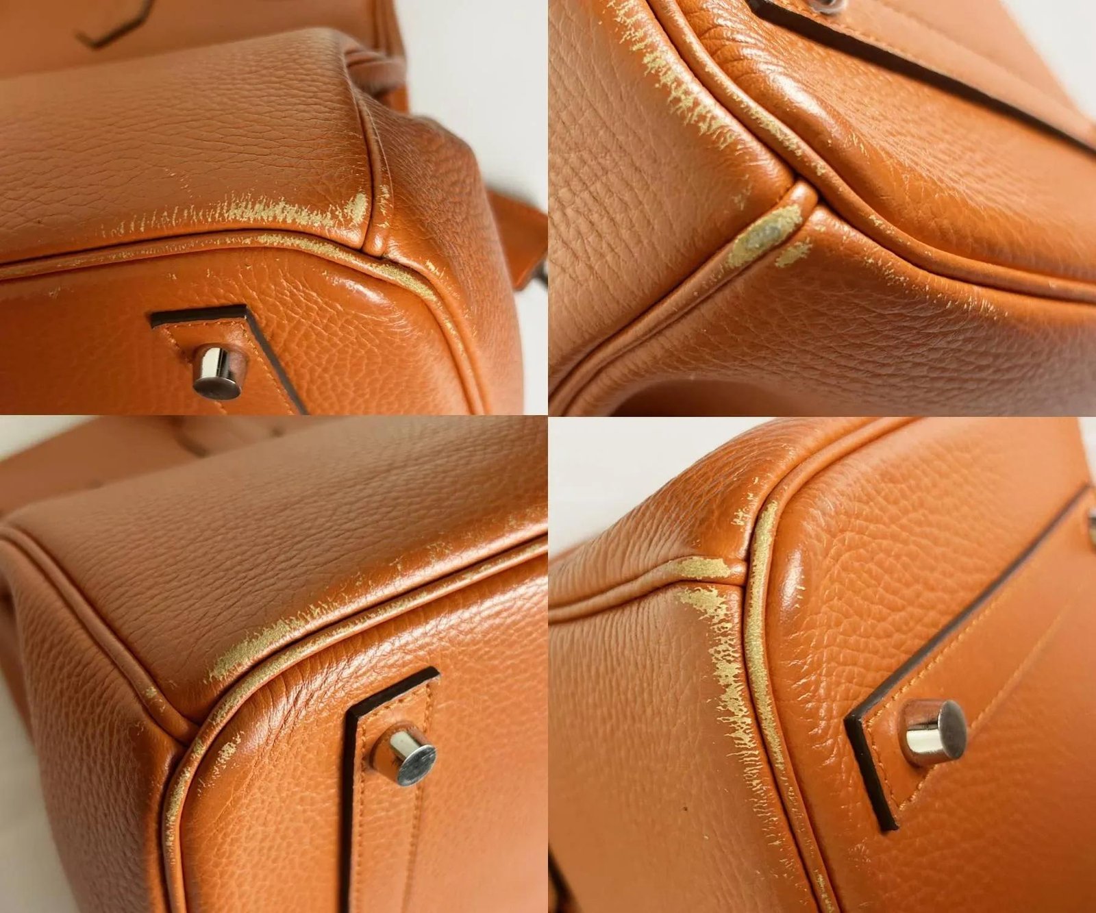 Wear points and care details on an Hermès Birkin bag.