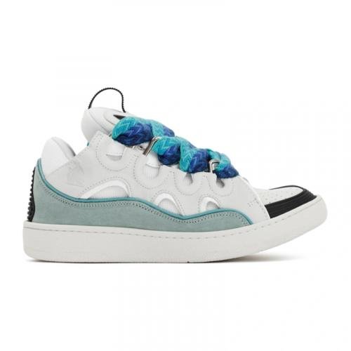White and pale blue Lanvin Curb sneaker with woven laces