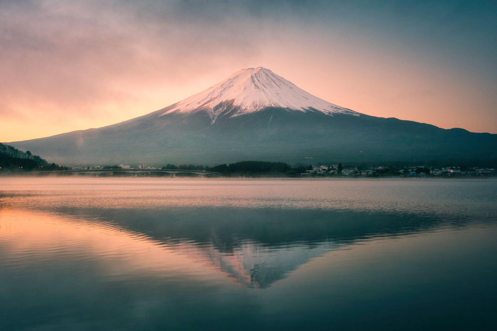 Snow-capped Mount Fuji reflected in Lake Kawaguchiko