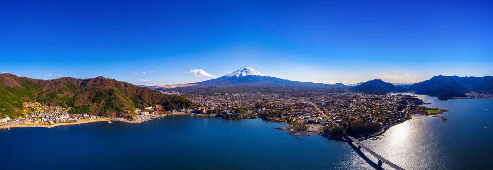 Panoramic view of Mount Fuji above the Fuji Five Lakes region