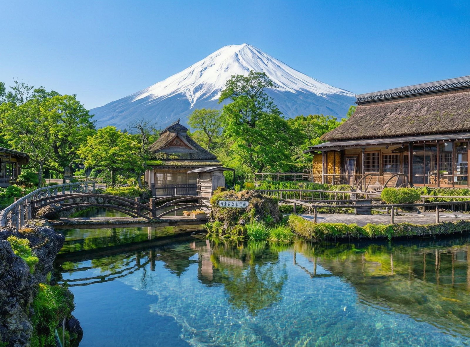 Mount Fuji rising above a traditional Japanese landscape