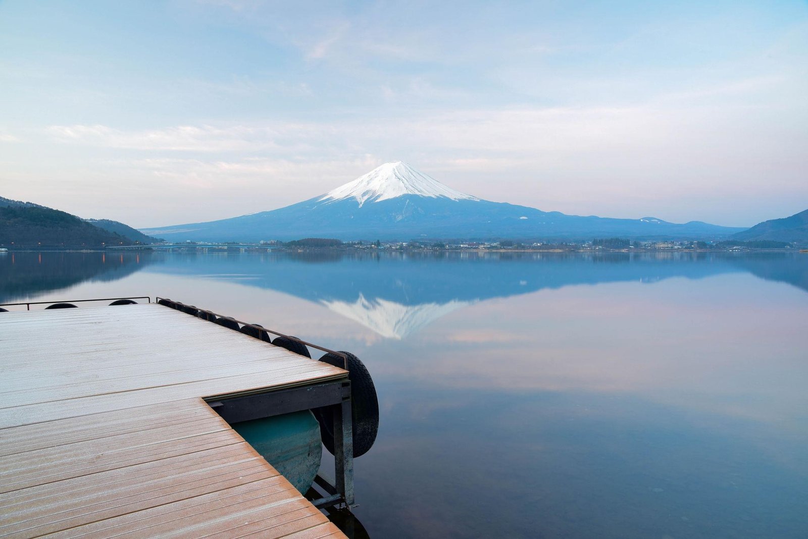 Peaceful morning view of Mount Fuji from Lake Kawaguchiko