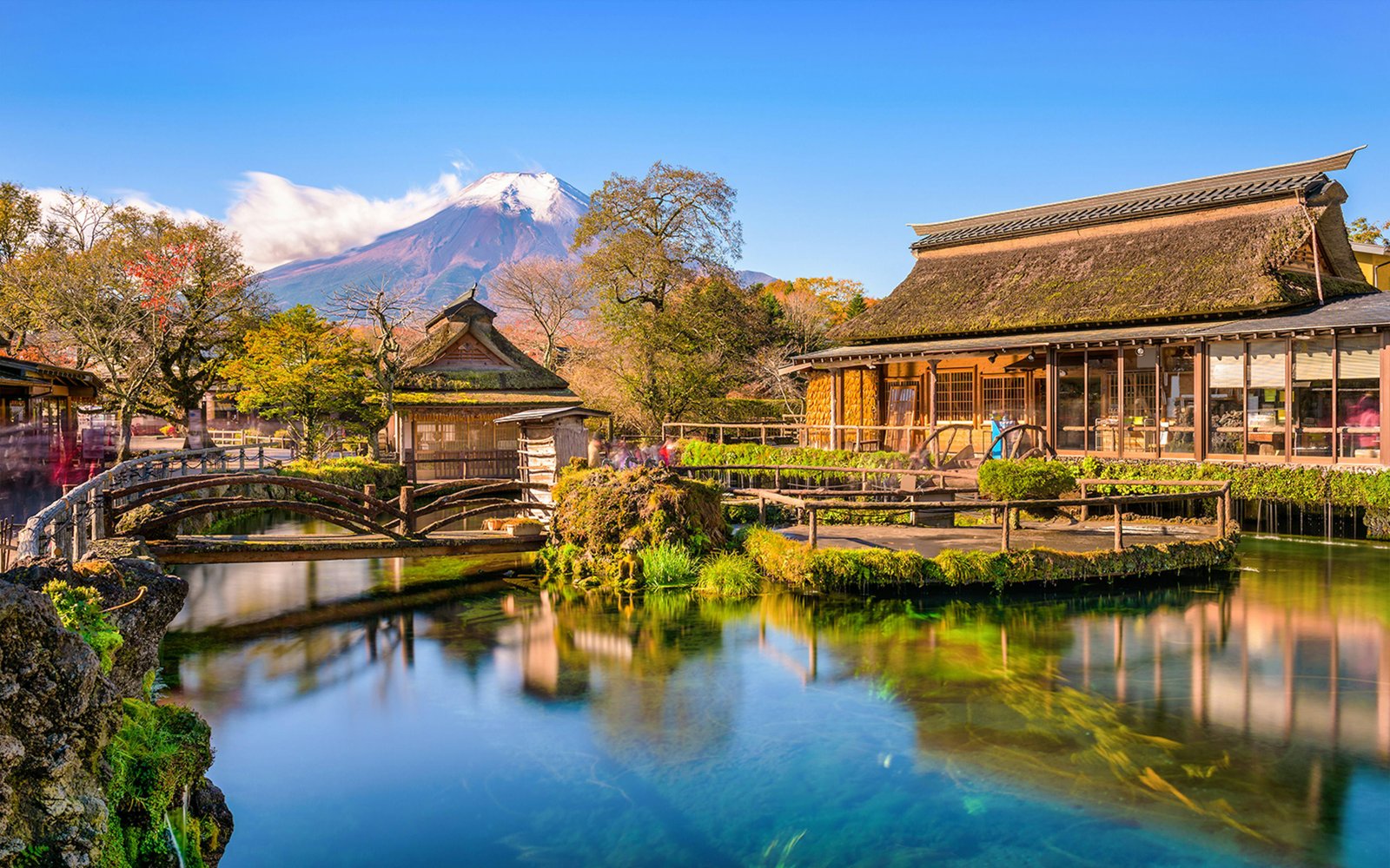 Traditional buildings and clear ponds at Oshino Hakkai near Mount Fuji
