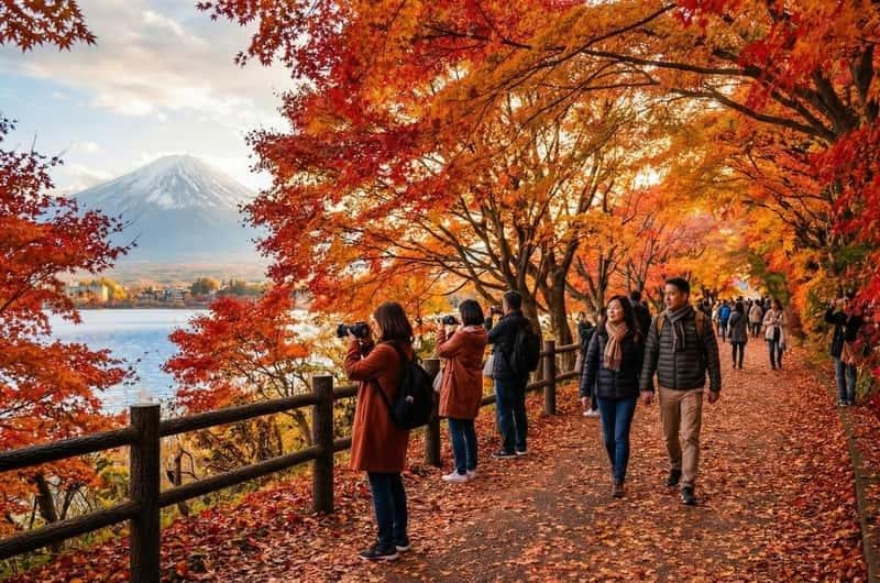 Visitors walking beside Lake Kawaguchiko with Mount Fuji in view