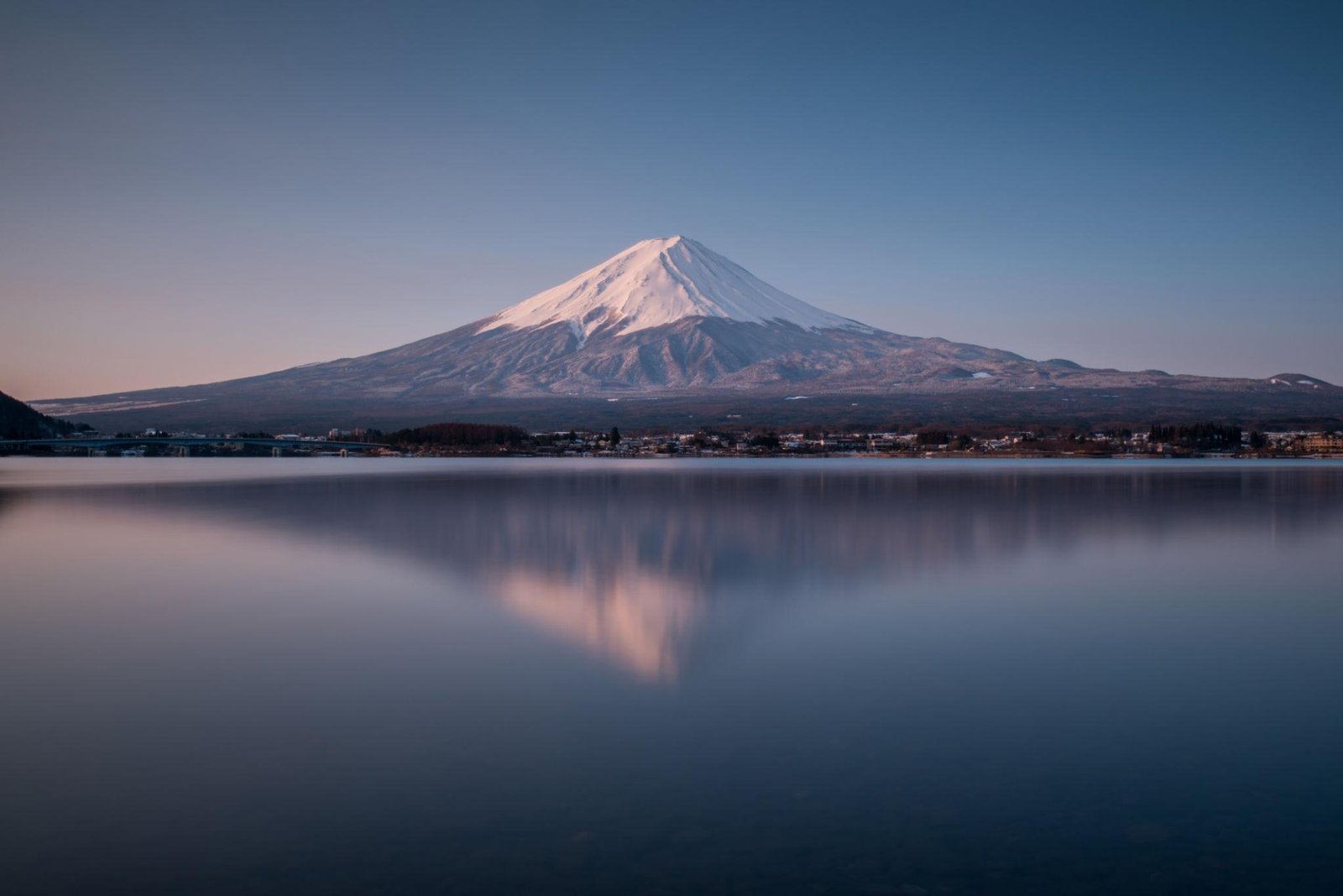 Minimalist landscape of Mount Fuji above Lake Kawaguchiko