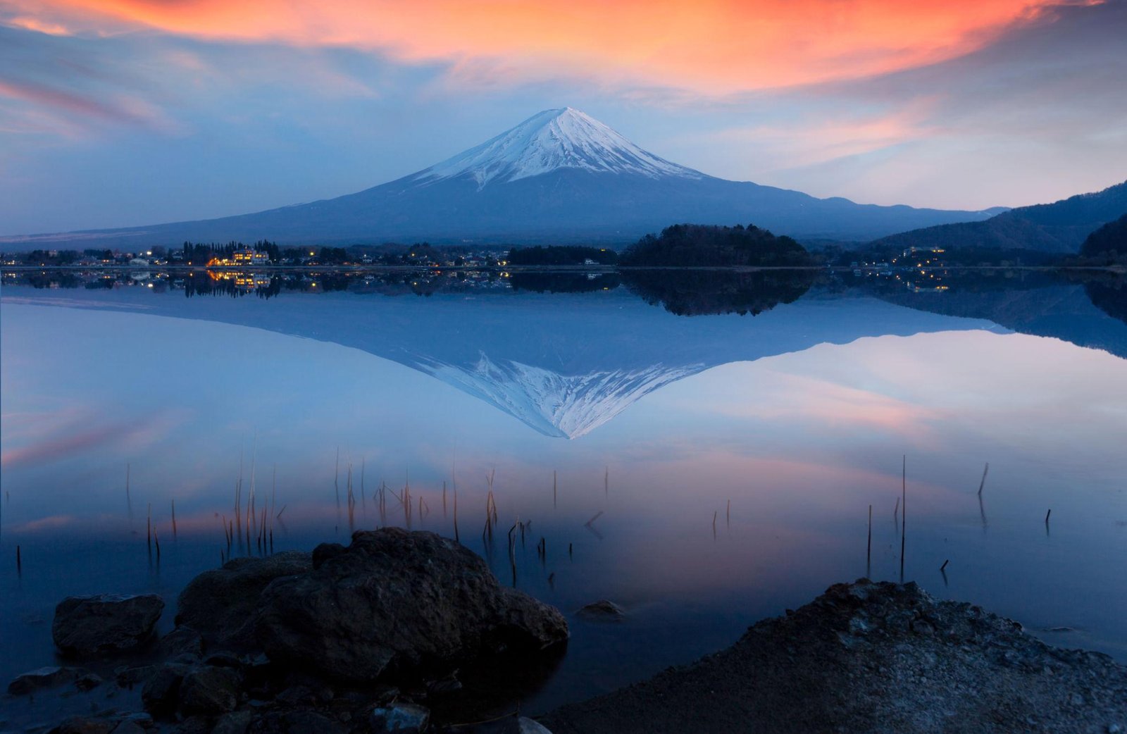 Mount Fuji at sunset above Lake Kawaguchiko