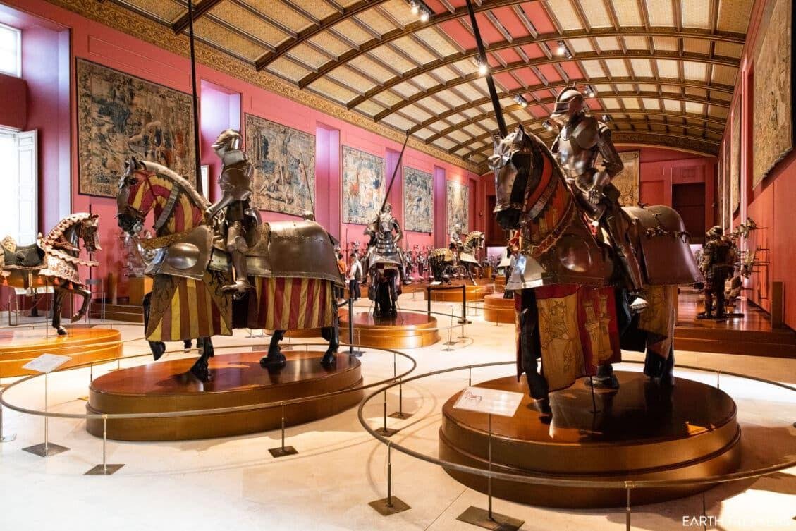 Historic suits of armour displayed in the Royal Armoury of Madrid