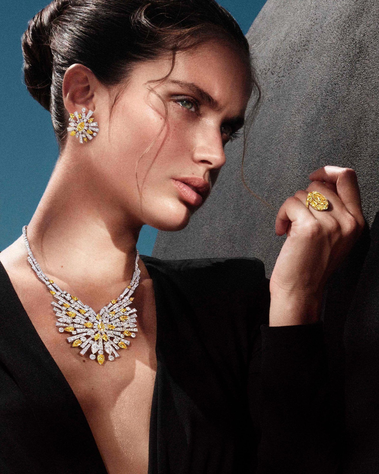 Model wearing sculptural Graff Tribal high jewelry.
