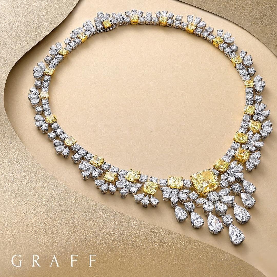 Graff diamond necklace with mixed diamond cuts and yellow accents.
