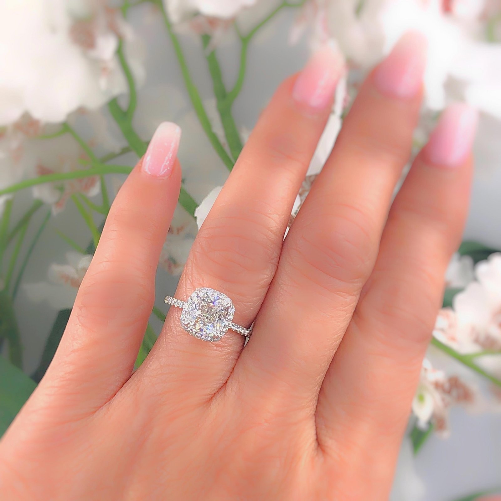 Harry Winston halo engagement ring worn on the hand.