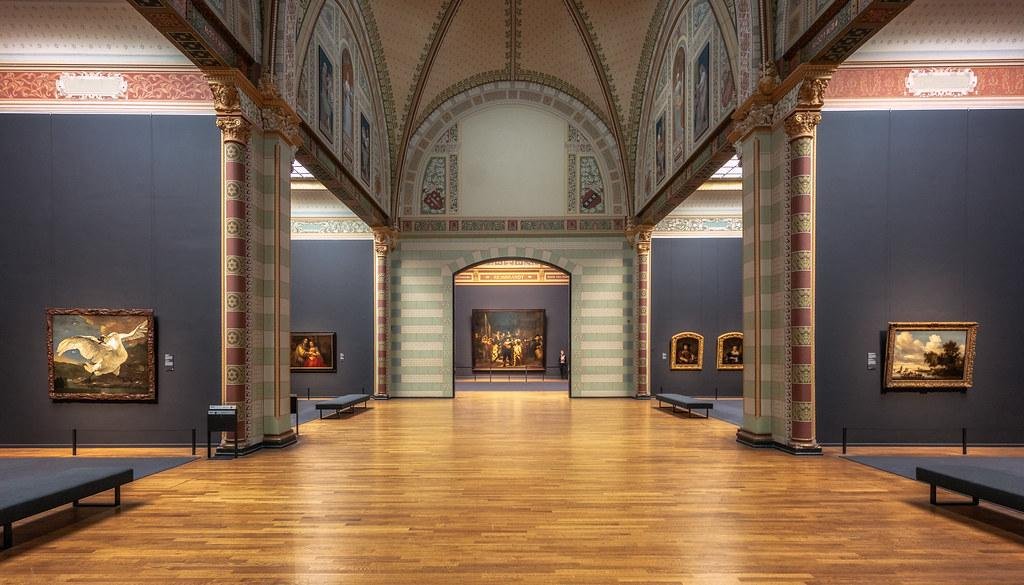 Spacious painting gallery inside the Rijksmuseum.