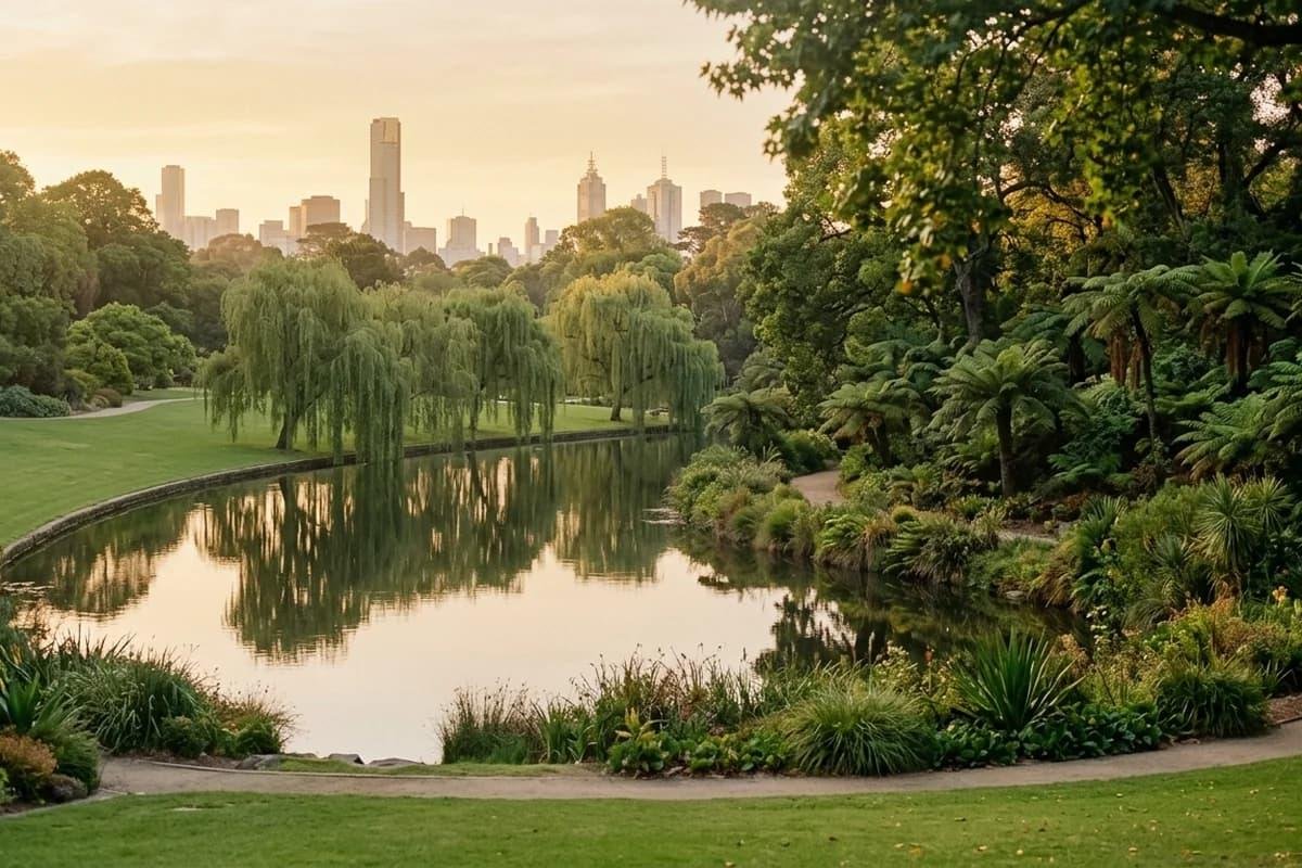 Ornamental Lake and Melbourne skyline viewed through garden foliage.