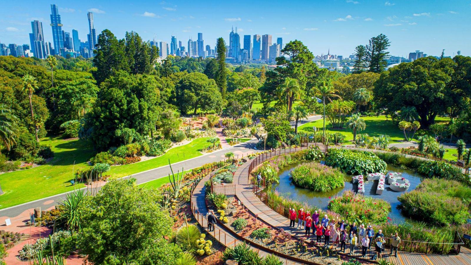 Elevated view of Guilfoyle’s Volcano with Melbourne’s skyline beyond.