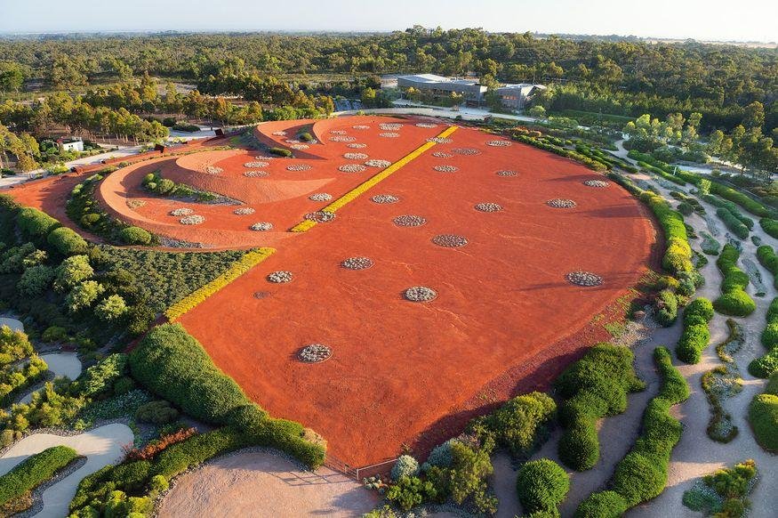 Aerial view of the red-earth Australian Garden at Cranbourne Gardens.