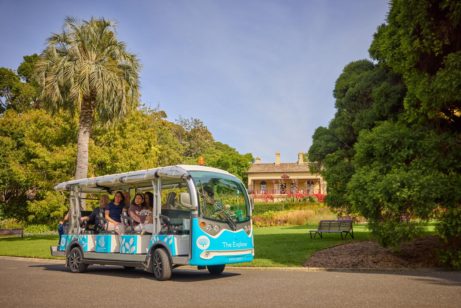 Explorer bus travelling through Royal Botanic Gardens Victoria.