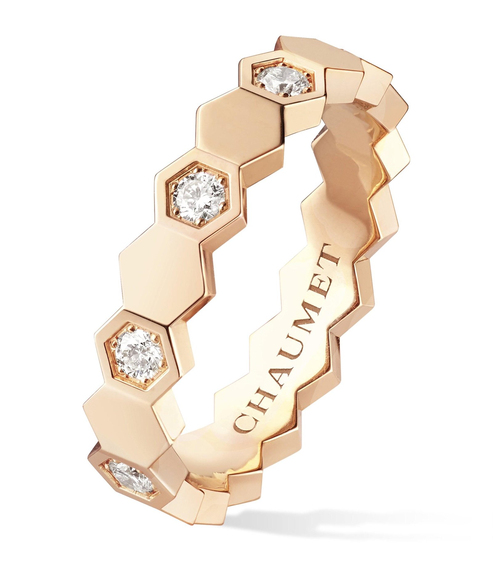 Bee de Chaumet rose-gold diamond ring on a clean background.