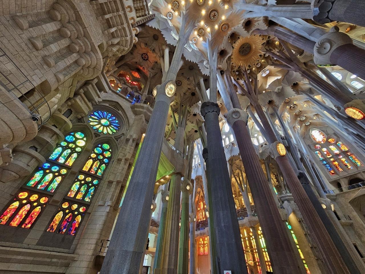 Branching columns and stained glass inside the Sagrada Familia nave
