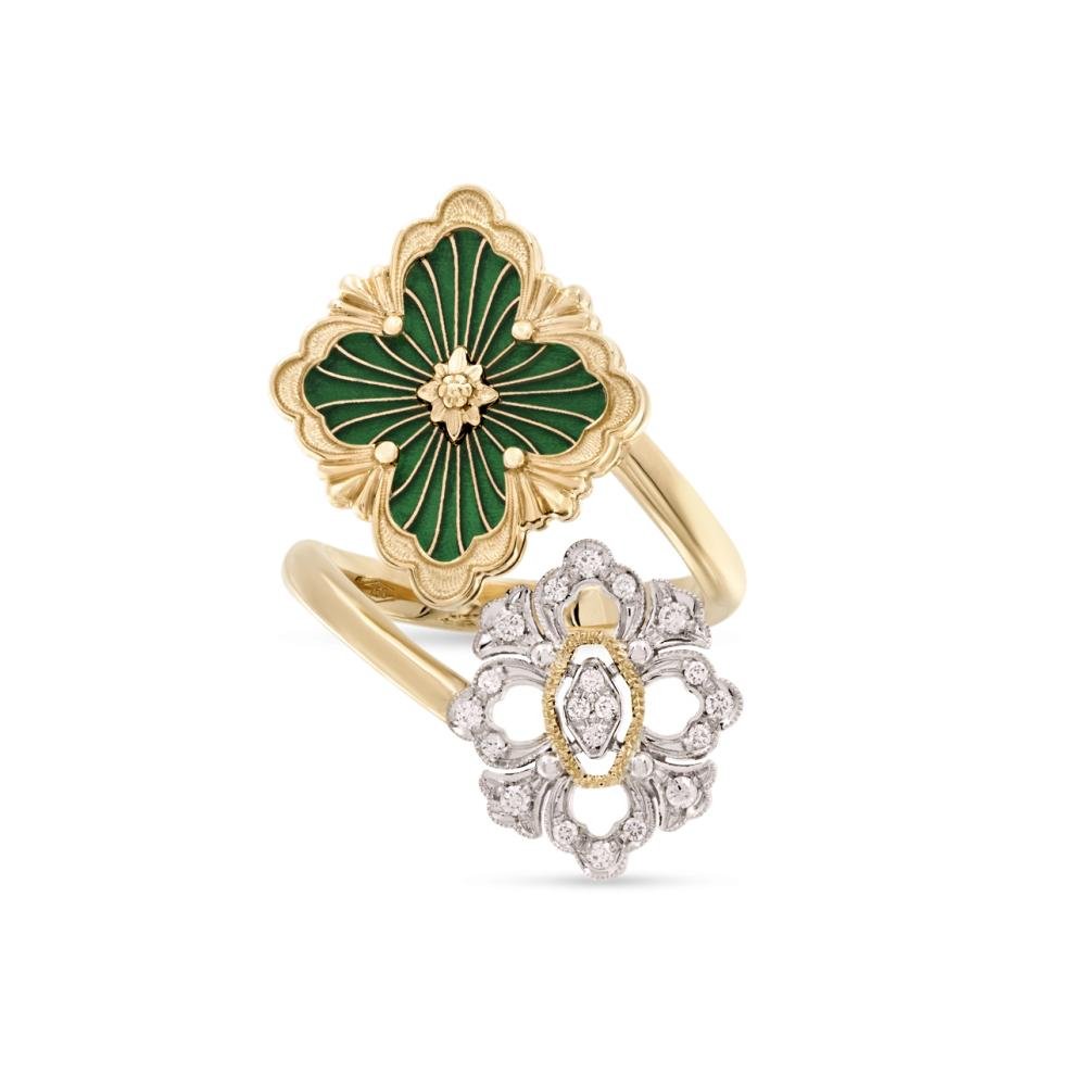 Detailed Buccellati gold ring showing engraving and diamond accents