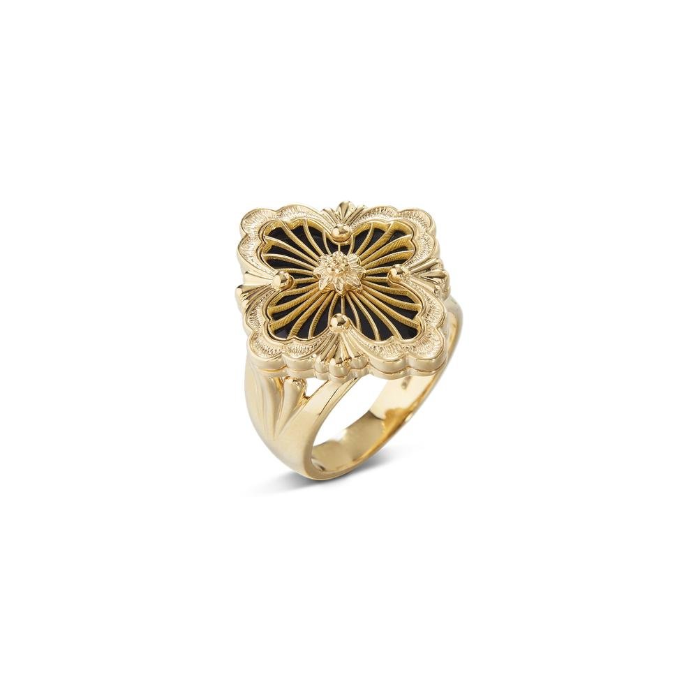 Engraved Buccellati rings arranged in an elegant still life