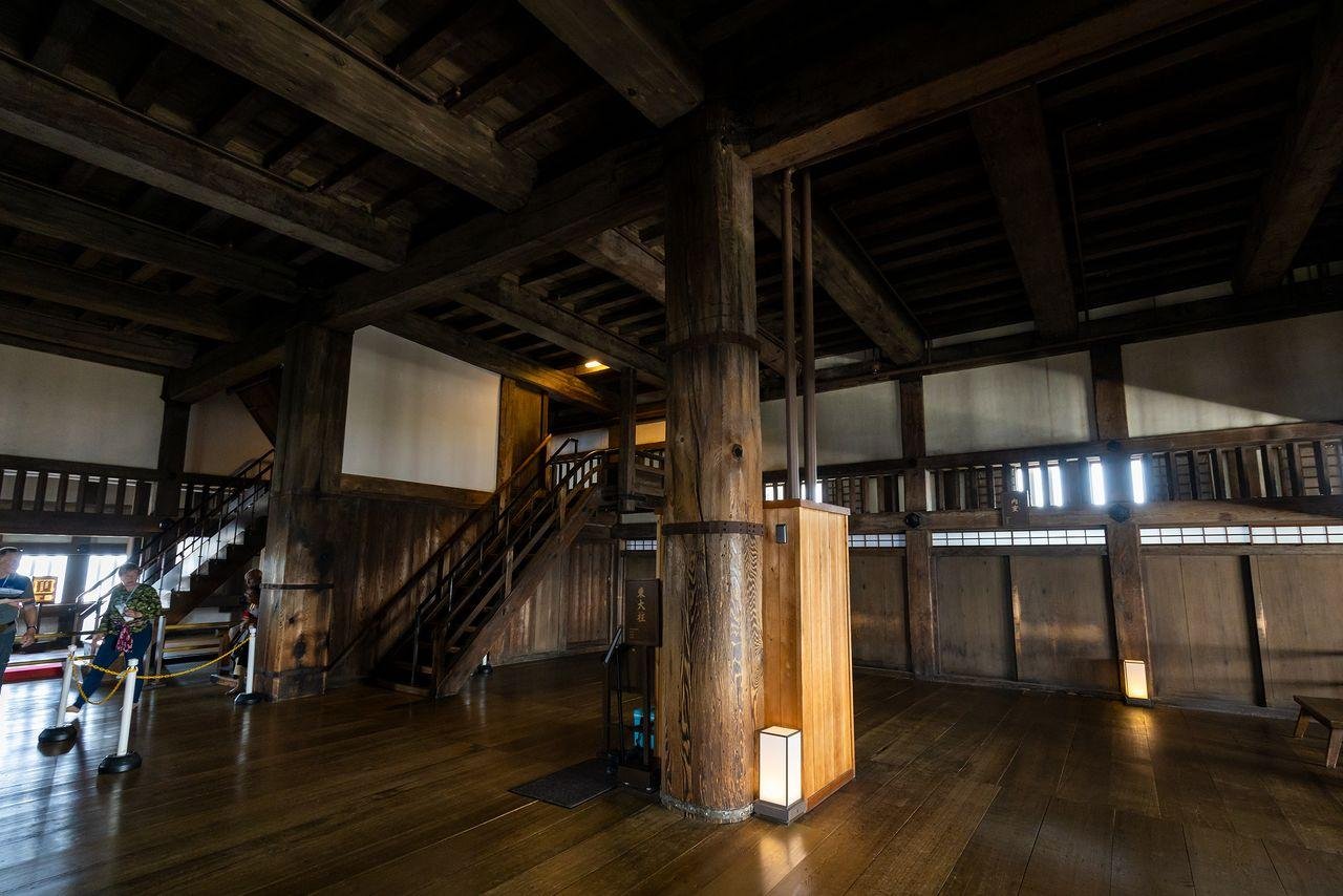 Original timber interior inside the main keep of Himeji Castle.