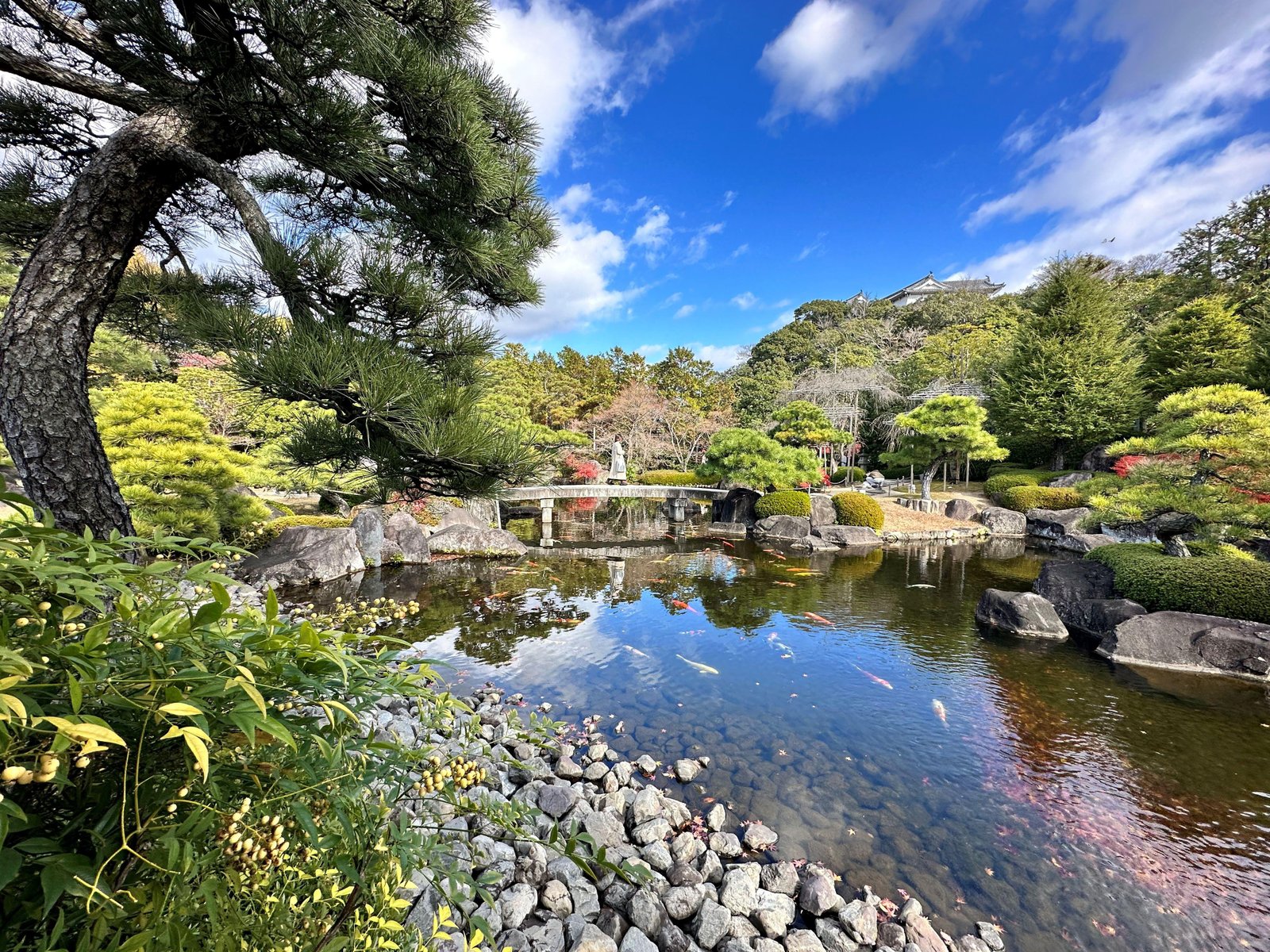 Landscaped pond and greenery in Koko-en Garden beside Himeji Castle.